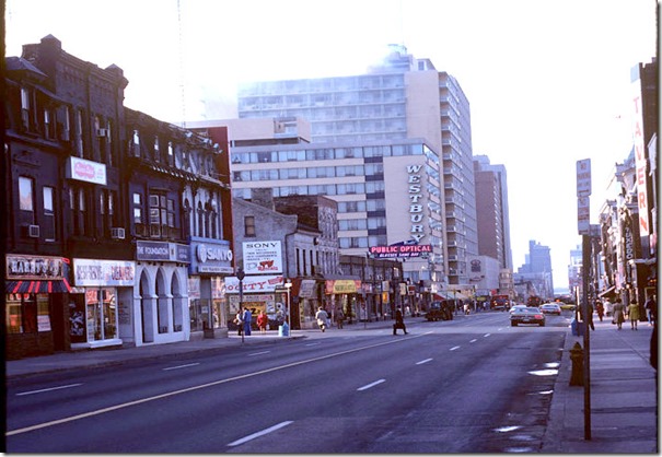 View of fire at Westbury Hotel and some store fronts on Yonge Street – May 13, 1975